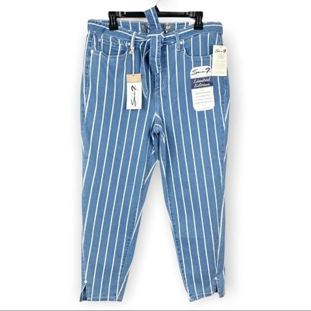 Seven7 Mid Rise Hollywood Skinny Cropped Pin-Striped Tie Waist Jeans NWT